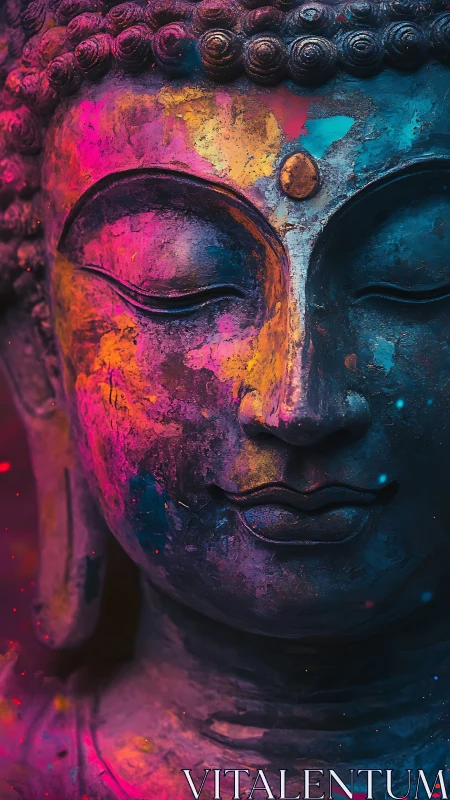 Color-soaked serenity hums across the meditative Buddha face