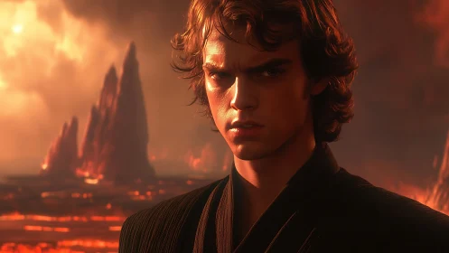 Brooding warrior at ember-soaked volcanic crossroads.