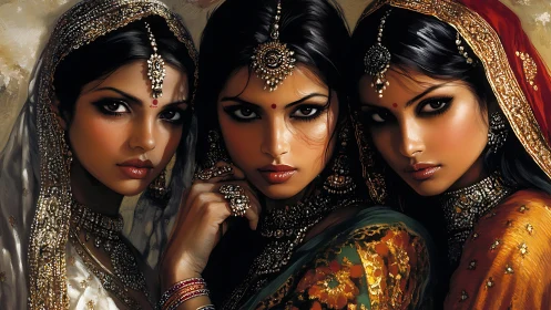 Three women in ornate traditional attire, vibrant portrait style.