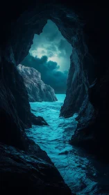 Moody sea cave frames glowing turquoise storm horizon.