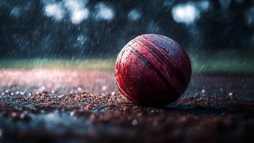 Red cricket ball resting on wet ground under rainfall.