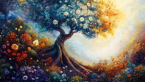 Colorful flowering tree dominates a dense, luminous landscape