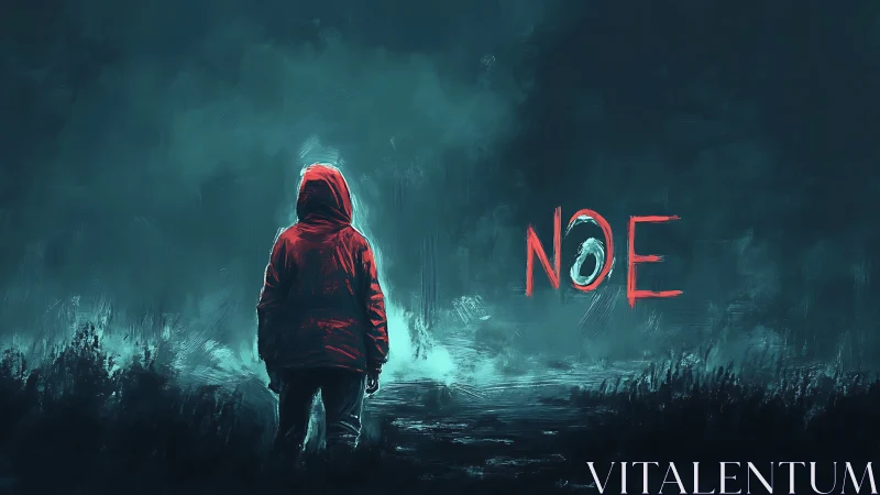 Hooded wanderer confronts eerie neon word in midnight fog.