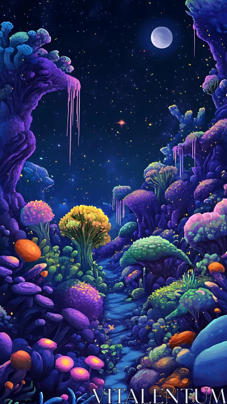 Luminous alien forest path under moonlit cosmic sky.