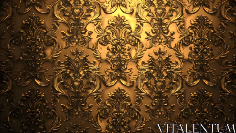 Luxurious golden baroque wallpaper with ornate embossed details.