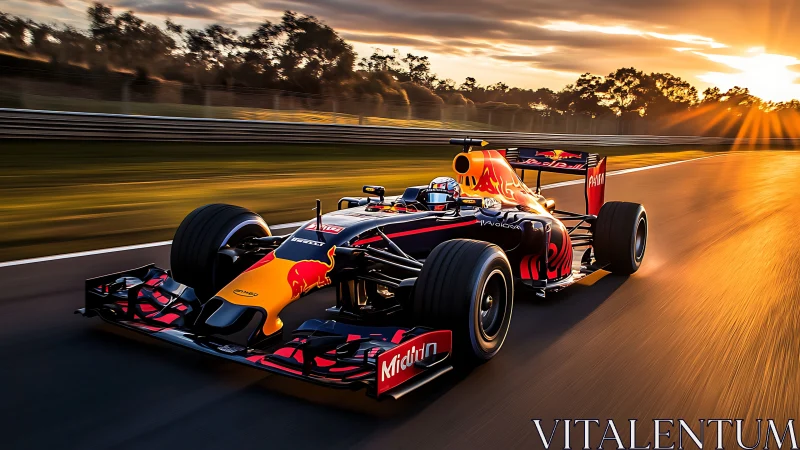High-speed Formula racing car on circuit at golden sunset