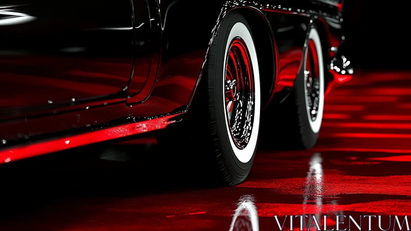 Close low-angle view of classic car wheels and bodywork.