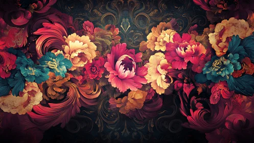 Ornamental Floral Composition with Baroque Decorative Elements.
