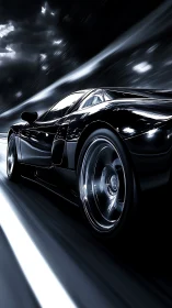 Black sports car in motion on night roadway scene.