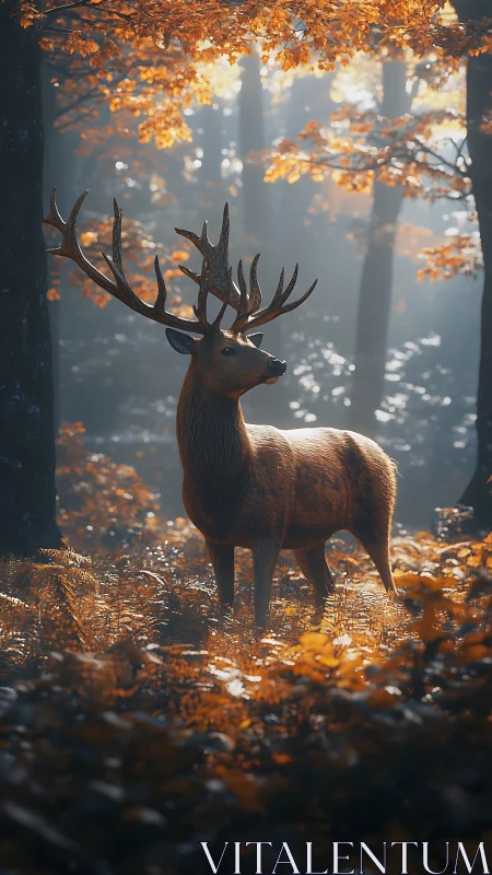 Autumnal forest stag under volumetric backlit foliage glow.