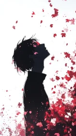 Silhouetted figure in crimson petals and negative space field.