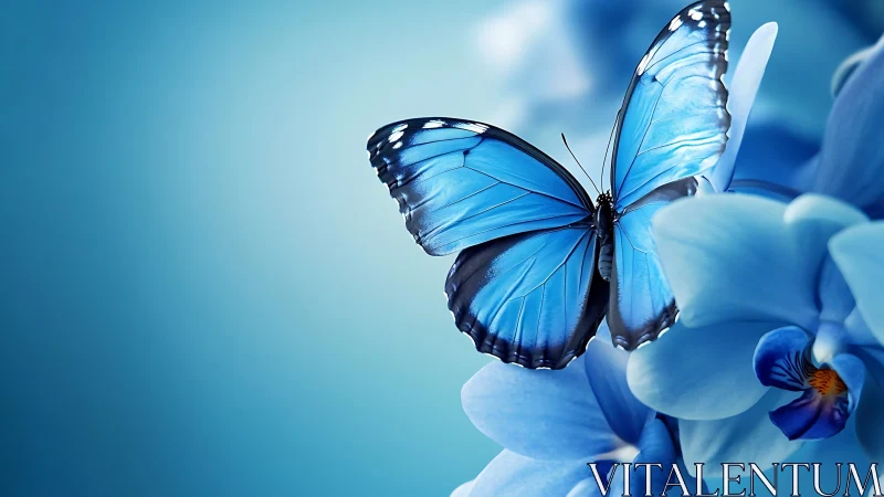 Photoreal macro of blue butterfly on orchid blooms.