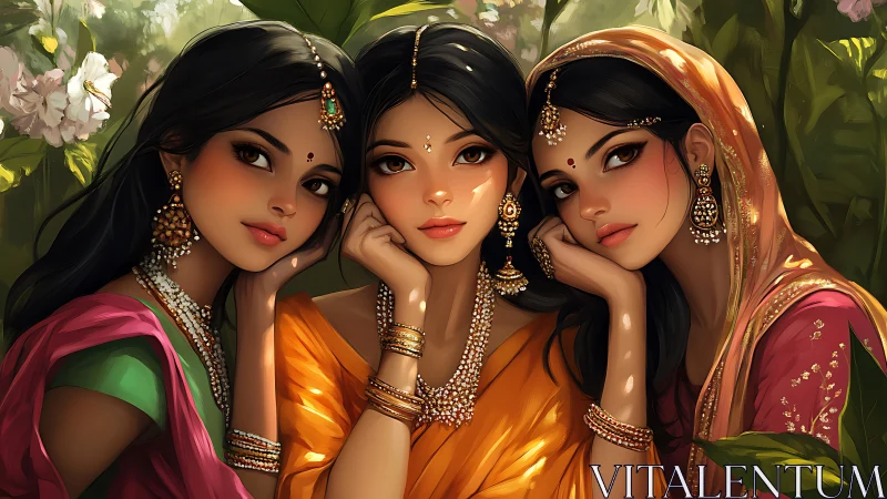 Three elegant women in traditional Indian attire, digital art style.