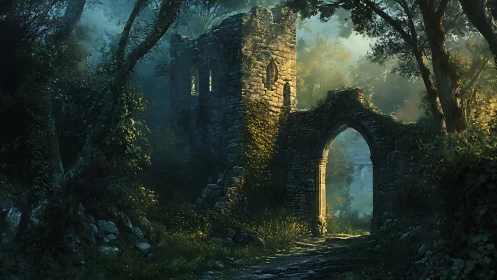 Sunlit ruins inviting wanderers into a secret forest path.