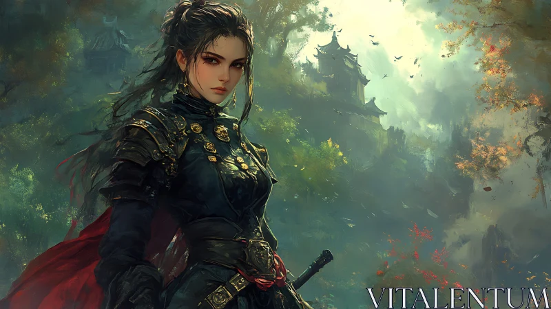 Armored warrior stands before misty mountain fortress