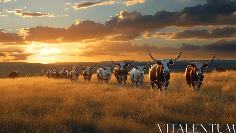 Longhorn cattle walk through dry grassland at sunset