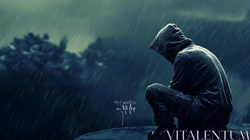Hooded figure crouching alone in stormy night rain.
