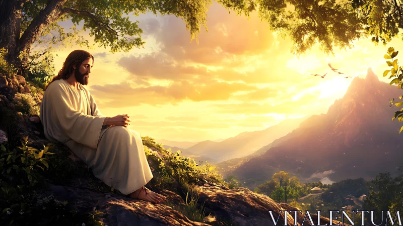 Serene robed figure contemplates a glowing mountain sunrise