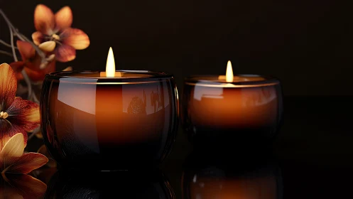 Scented glass candles cast warm light beside orchids