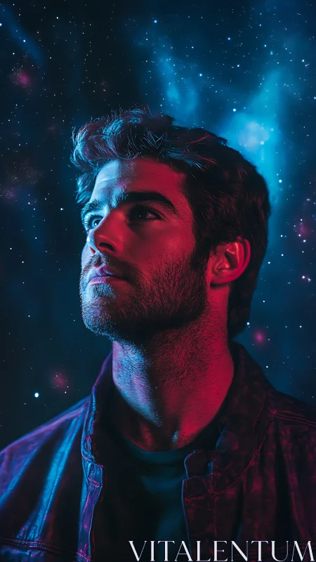 Male portrait with neon lighting against star field backdrop.
