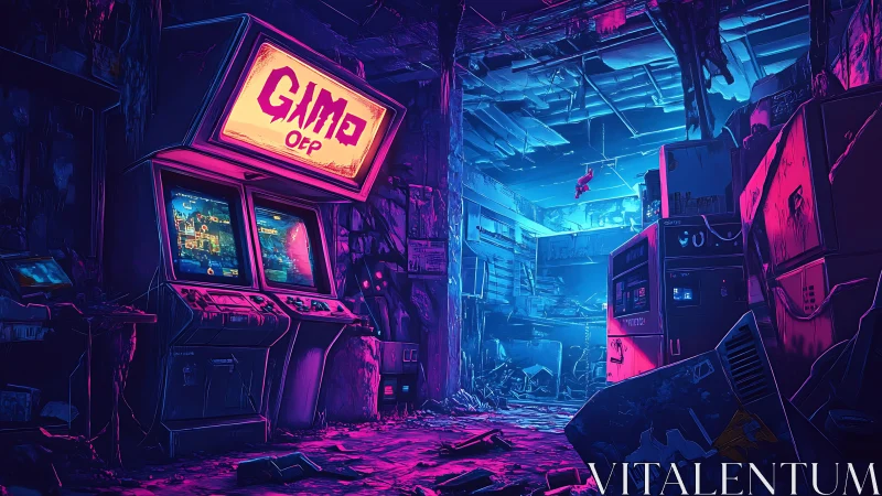 Neon graveyard of arcade dreams in a decaying cyber alley.