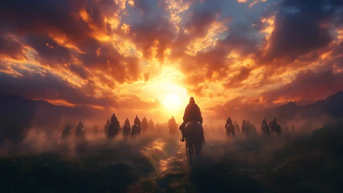 Sunbound riders crossing a mist-lit valley of ember clouds.