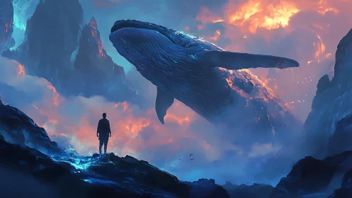 Colossal cosmic whale soars above lone figure in glowing mist
