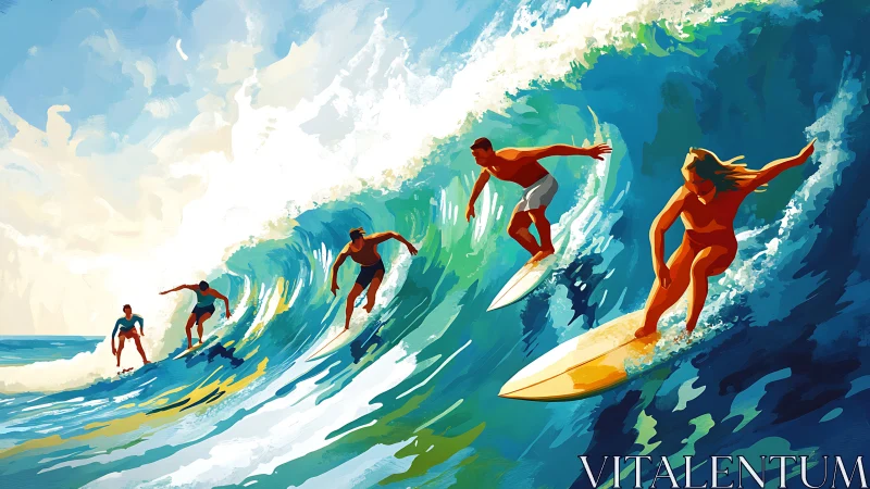 Dynamic multi-surfer ocean wave scene in stylized digital painting
