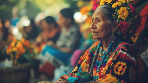 Elderly Woman in Traditional Attire with Floral Headdress, Vibrant Portrait.