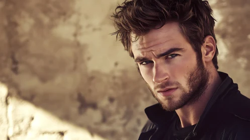 Intense closeup portrait of rugged man in leather jacket.