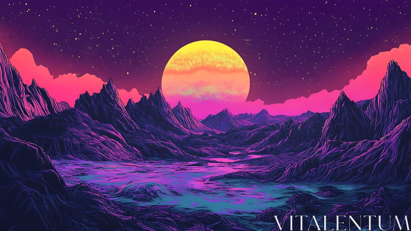 Neon alien landscape under massive glowing moon at dusk.