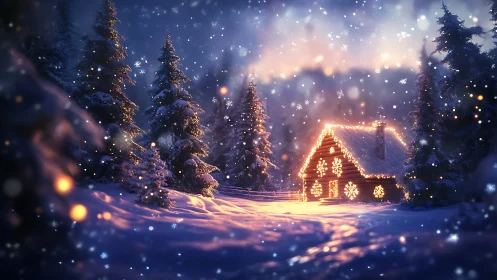 Snowfall crowns a glowing forest cabin in winter hush