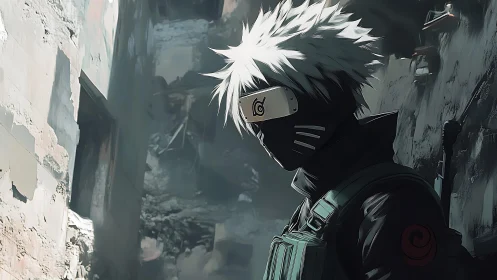 Silent ninja sentinel in a ruined alleyway at dusk.