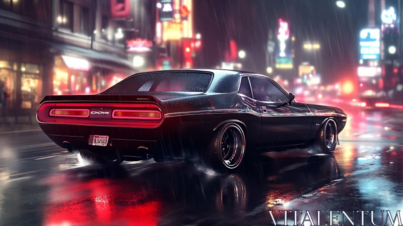 Black muscle car stands on wet neon city street at night