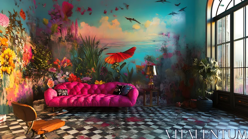 Vibrant surreal lounge interior merges flora and dreamscape art