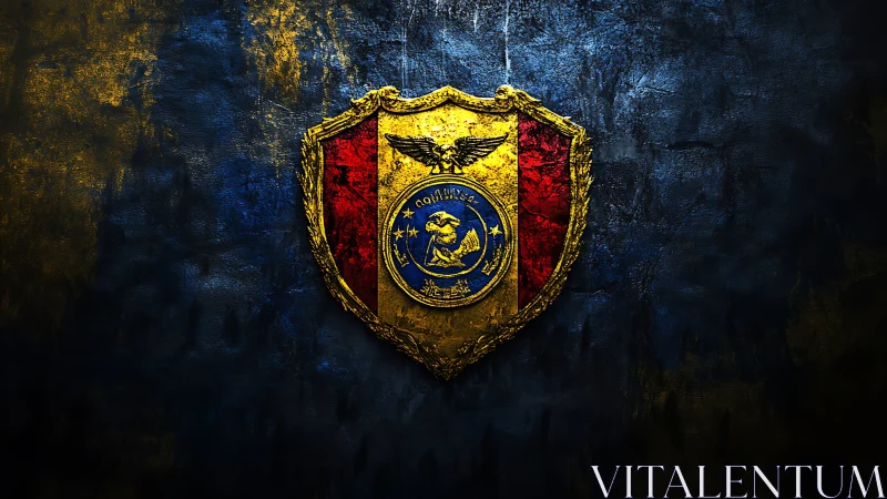 Golden heraldic shield with central blue seal on dark wall