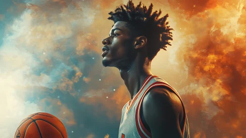 Profile portrait of basketball player in dramatic sky light.