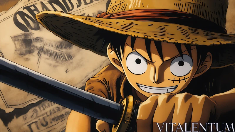 Straw hat swordsman lunges from sunburned wanted poster backdrop.