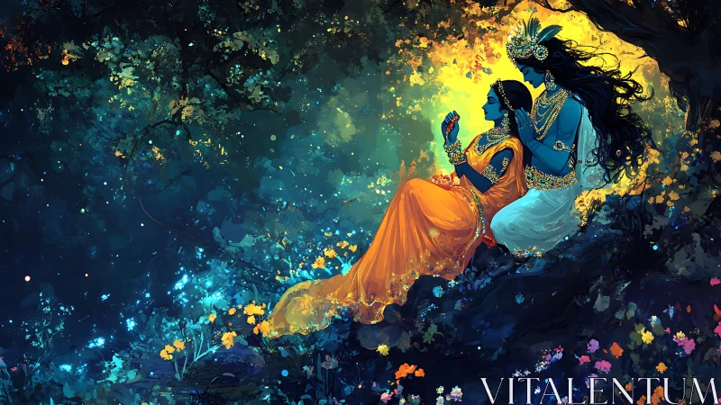 Ethereal Krishna in Mystical Garden at Twilight.