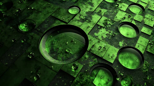 Neon green geometric grid with recessed liquid circles.