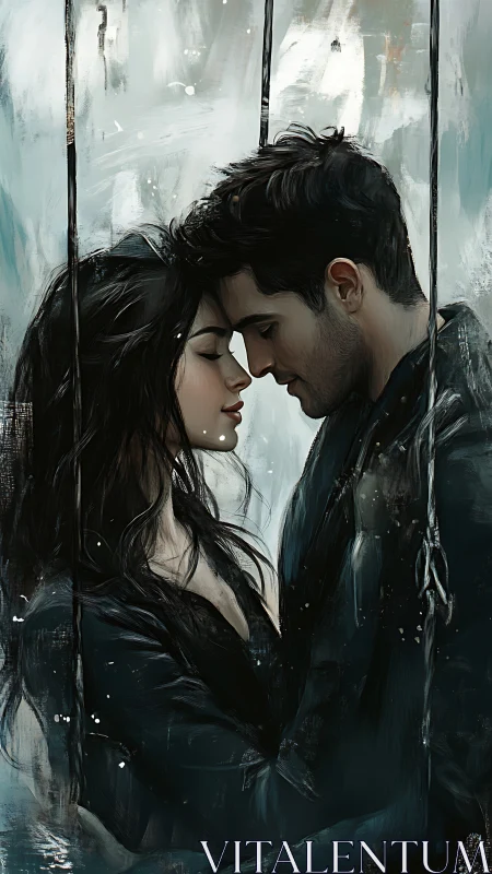 Two figures positioned closely within window-like architectural frames against muted backdrop