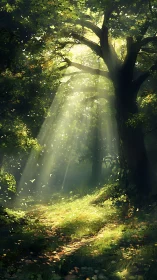 Sunlit Forest Path Through Ancient Trees