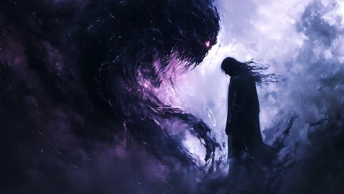 Gentle soul meeting a swirling shadow of cosmic mystery.