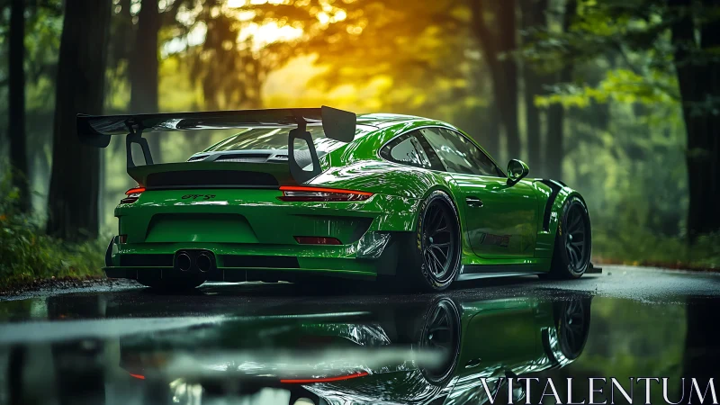 Emerald track car with rear wing on reflective forest road.