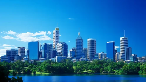Urban skyline with glass towers above riverside parkland.