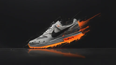 Grey sneaker blasts through neon orange motion streaks.