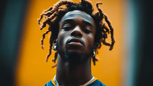 Confident young man stands strong against a bold orange glow