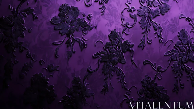 Deep violet floral damask wallpaper with embossed texture.