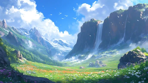 Sunlit alpine valley opens beneath towering waterfalls