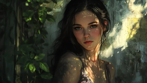 Sunlit portrait of young woman in dappled foliage shadow